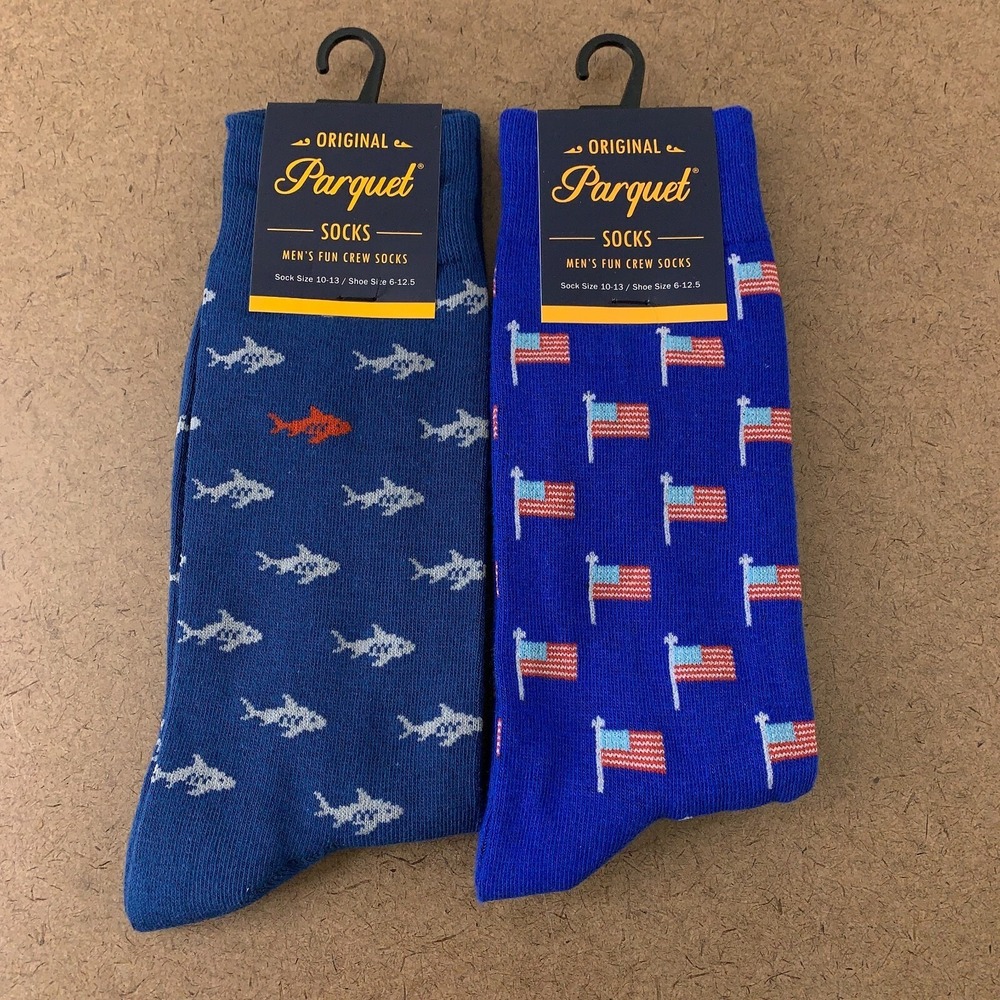 Parquet Men's Shoe Size 6-12.5 Blue Shark Flag Print Fun Crew Socks 2 Pairs NWT